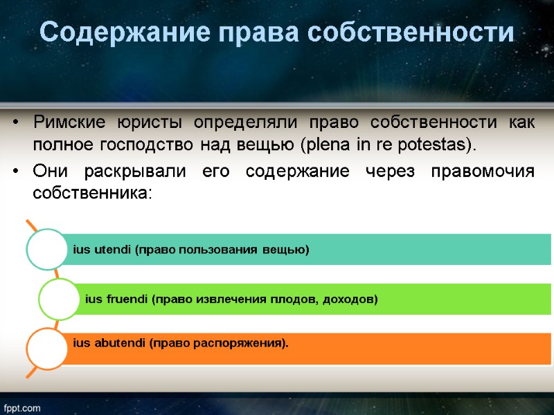 Содержание права собственности  Римские юристы определяли право собственности как полное господство над вещью